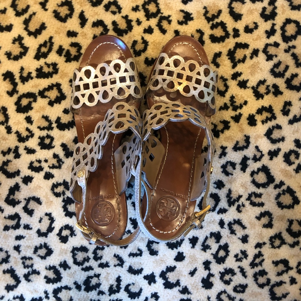 Tory Burch gold sandals wedges